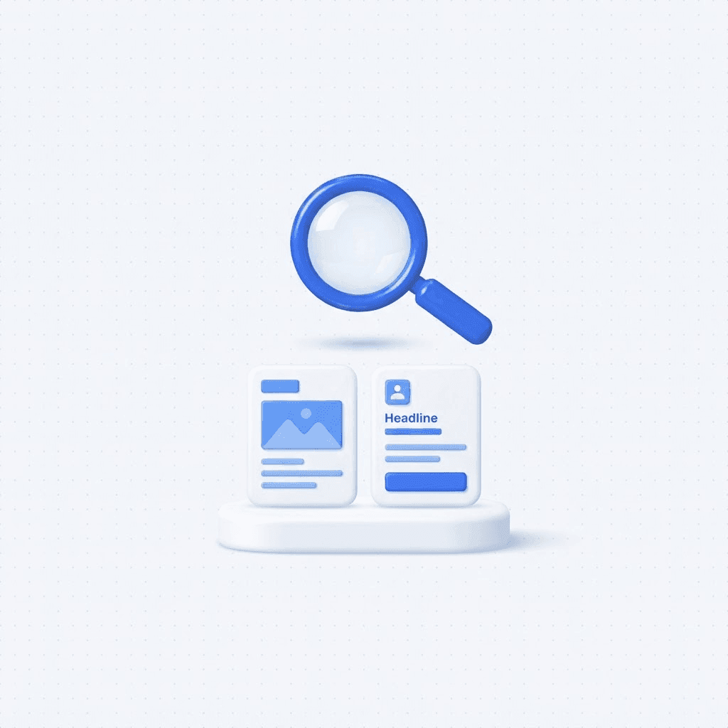 3D illustration of a blue magnifying glass hovering over white cards with abstract ad layouts