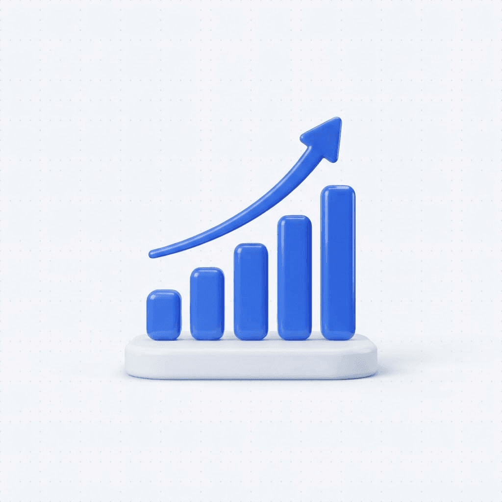 3D illustration of an ascending blue bar chart with an arrow sweeping upward above it