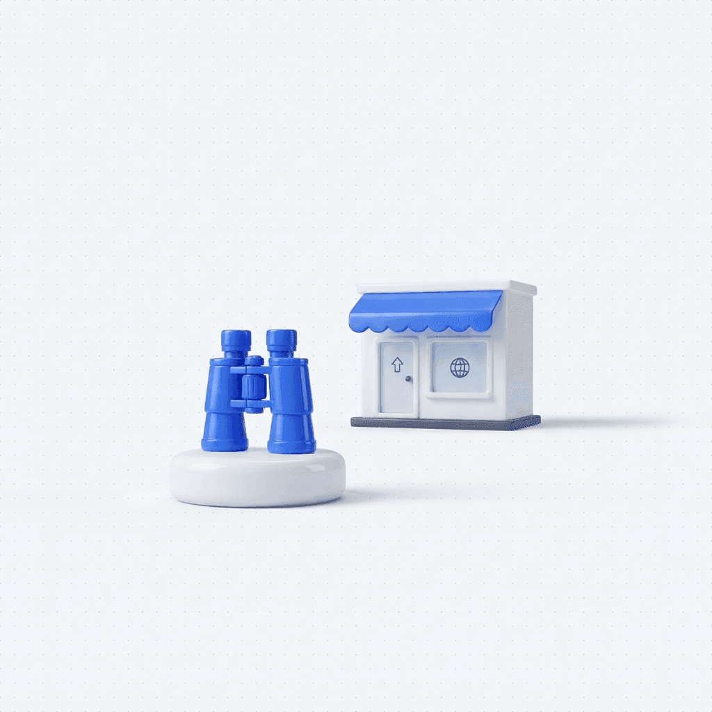 3D illustration of blue binoculars looking at a white storefront under a soft blue spotlight