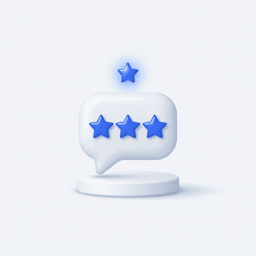3D illustration of a white speech bubble with blue stars on its face and one star floating above it