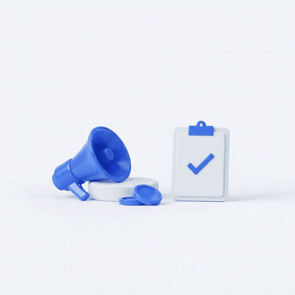 3D illustration of a tipped-over blue megaphone with spilled coins next to a clipboard with a checkmark