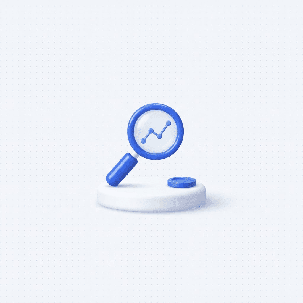 3D illustration of a magnifying glass with a glowing blue line chart inside the lens