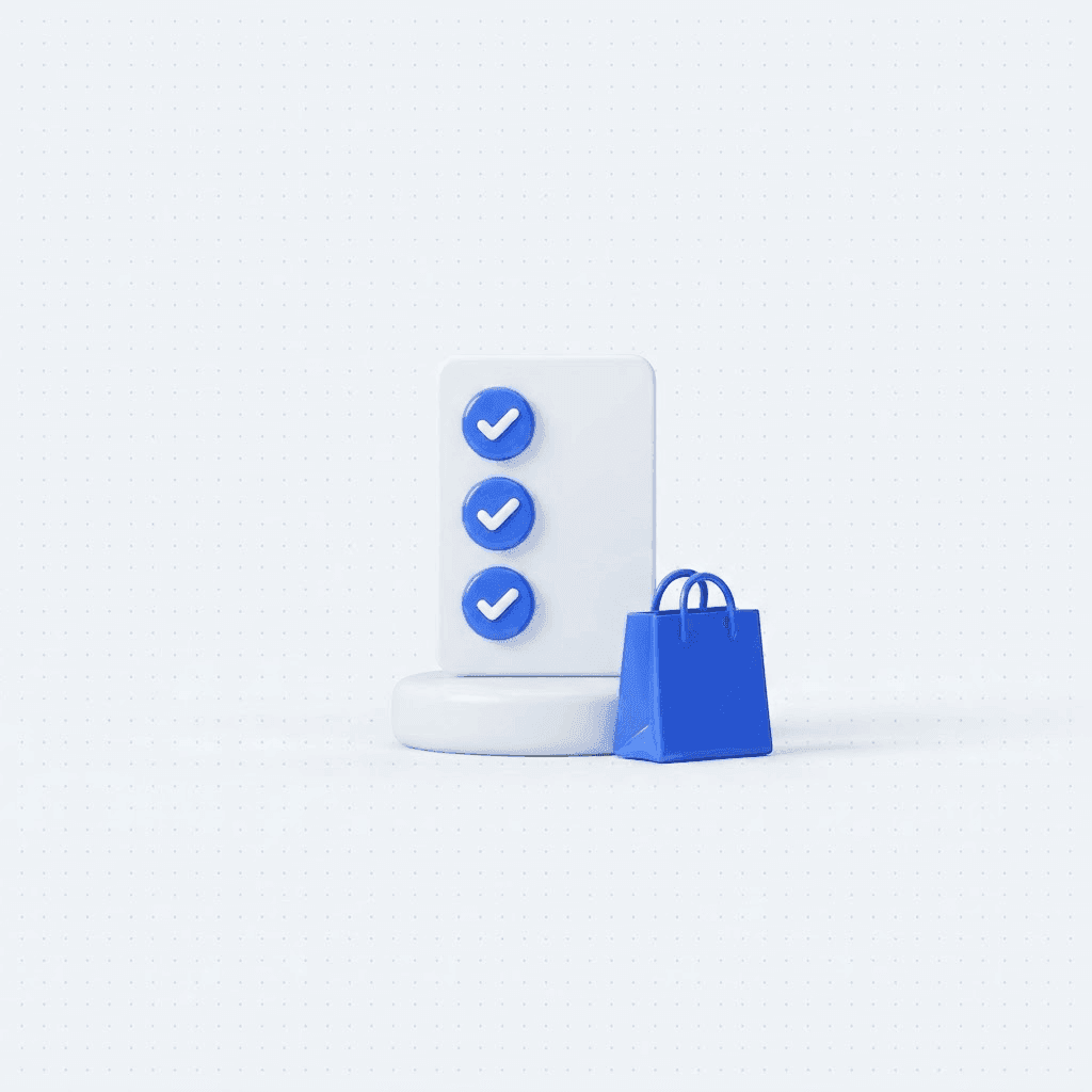 3D illustration of a white checklist card with blue checkmarks next to a glowing blue shopping bag