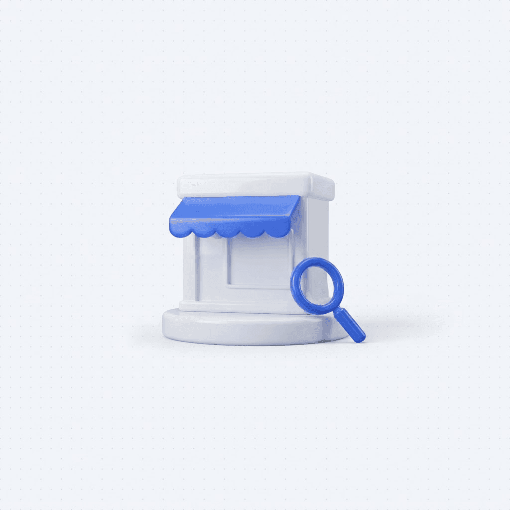 3D illustration of a white storefront with a blue awning and a magnifying glass leaning against it