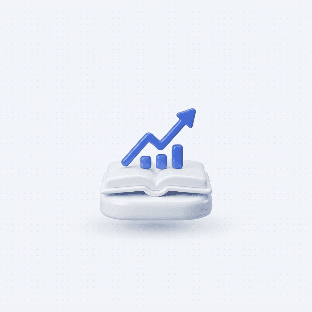 3D illustration of an open book with a glowing blue line chart rising from its pages