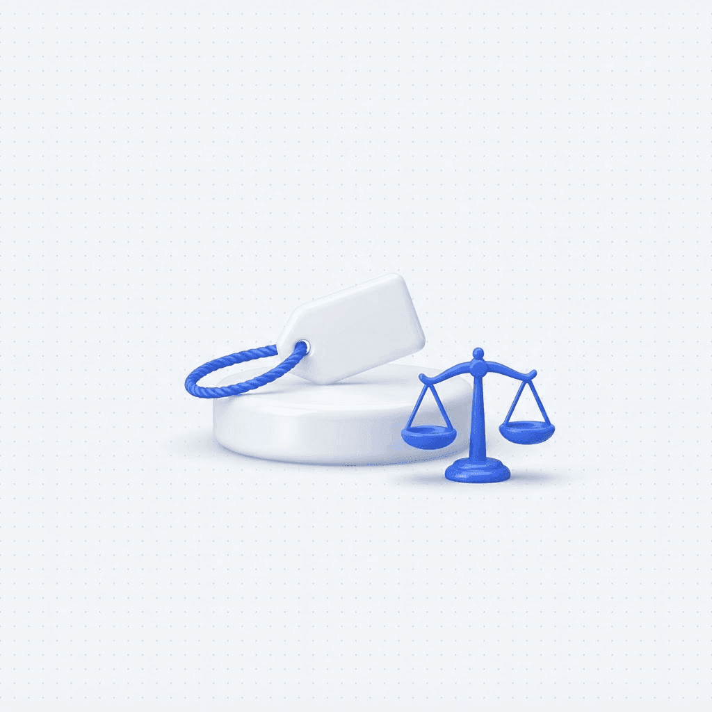 Illustration of a price tag next to a podium with a glowing middle step