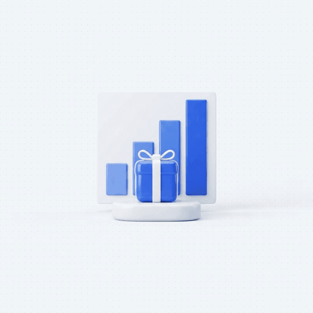 Illustration of a gift box with an ascending chart bursting out of it