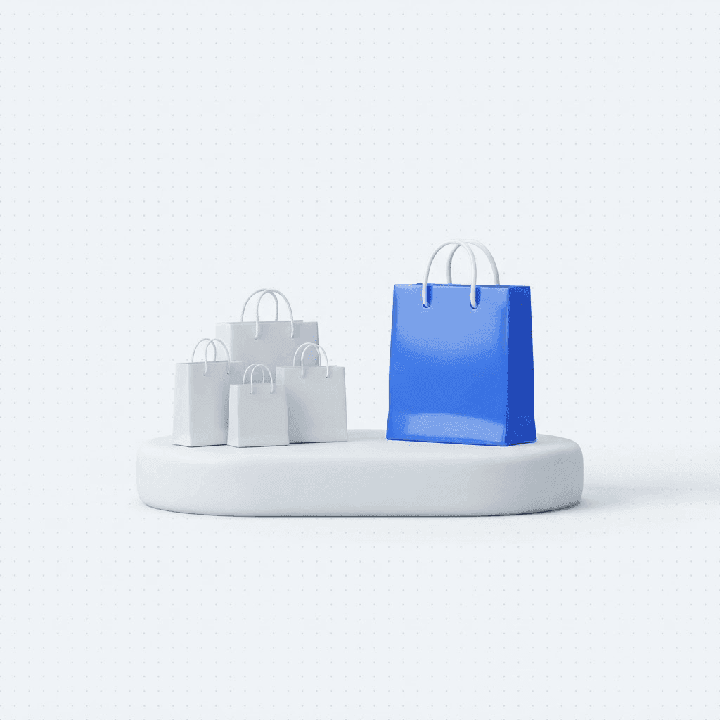 3D illustration of a crowded cluster of white shopping bags next to one glowing blue bag standing alone