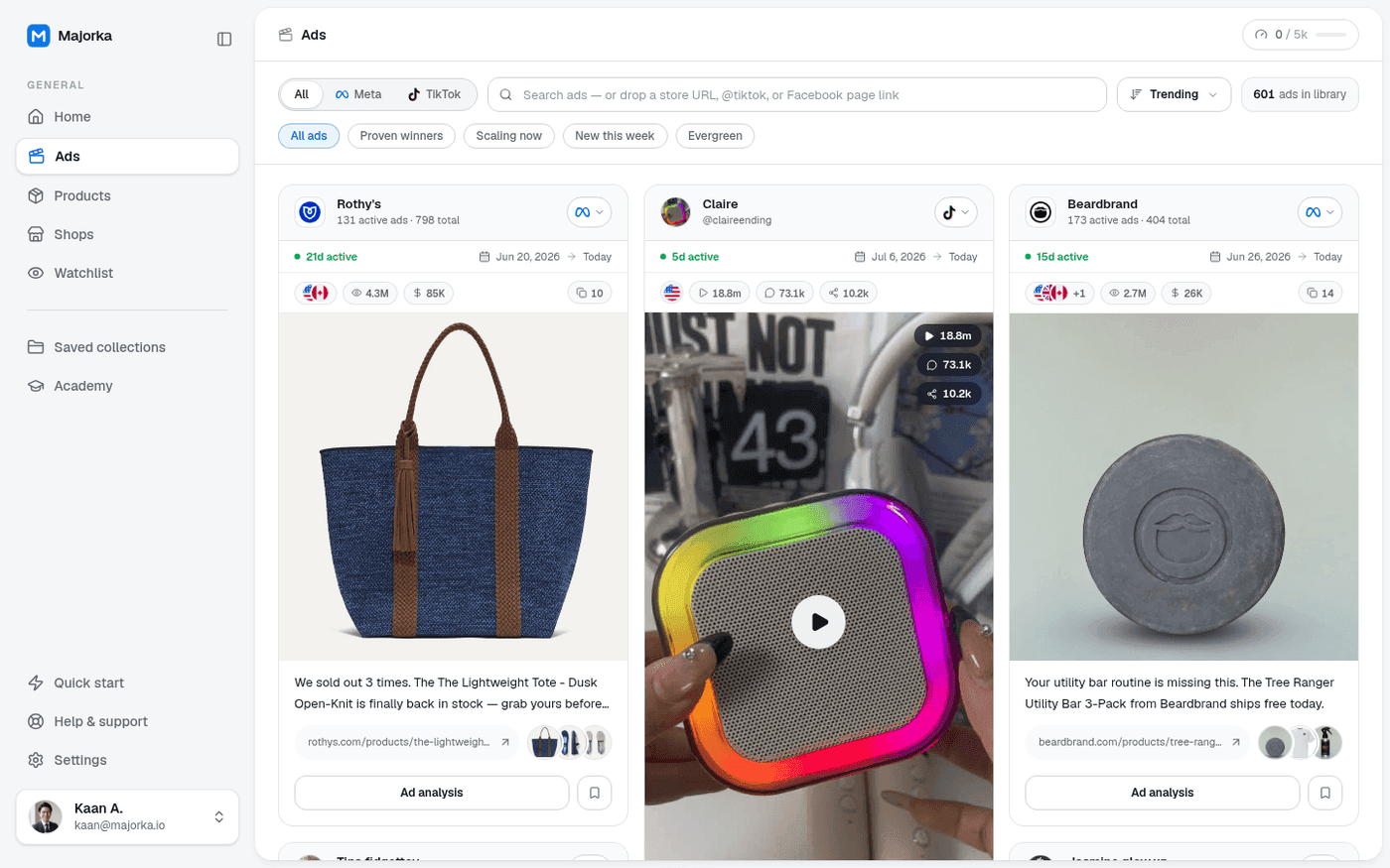 Majorka Ads page showing live Meta and TikTok ads from real brands with active day counts and reach numbers