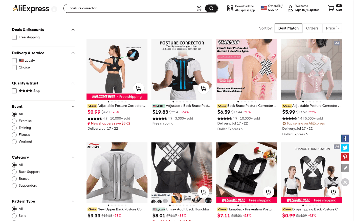 Real AliExpress search results for posture corrector showing prices from $0.99 to $19.83, ratings and sold counts