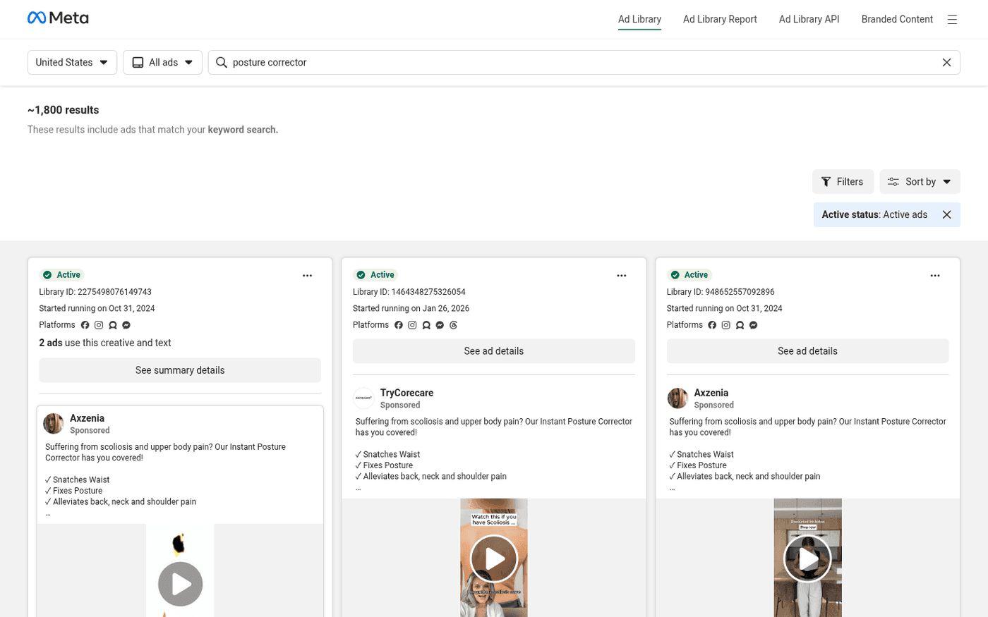 Real screenshot of the Meta Ad Library showing about 1,800 active ad results for the keyword posture corrector