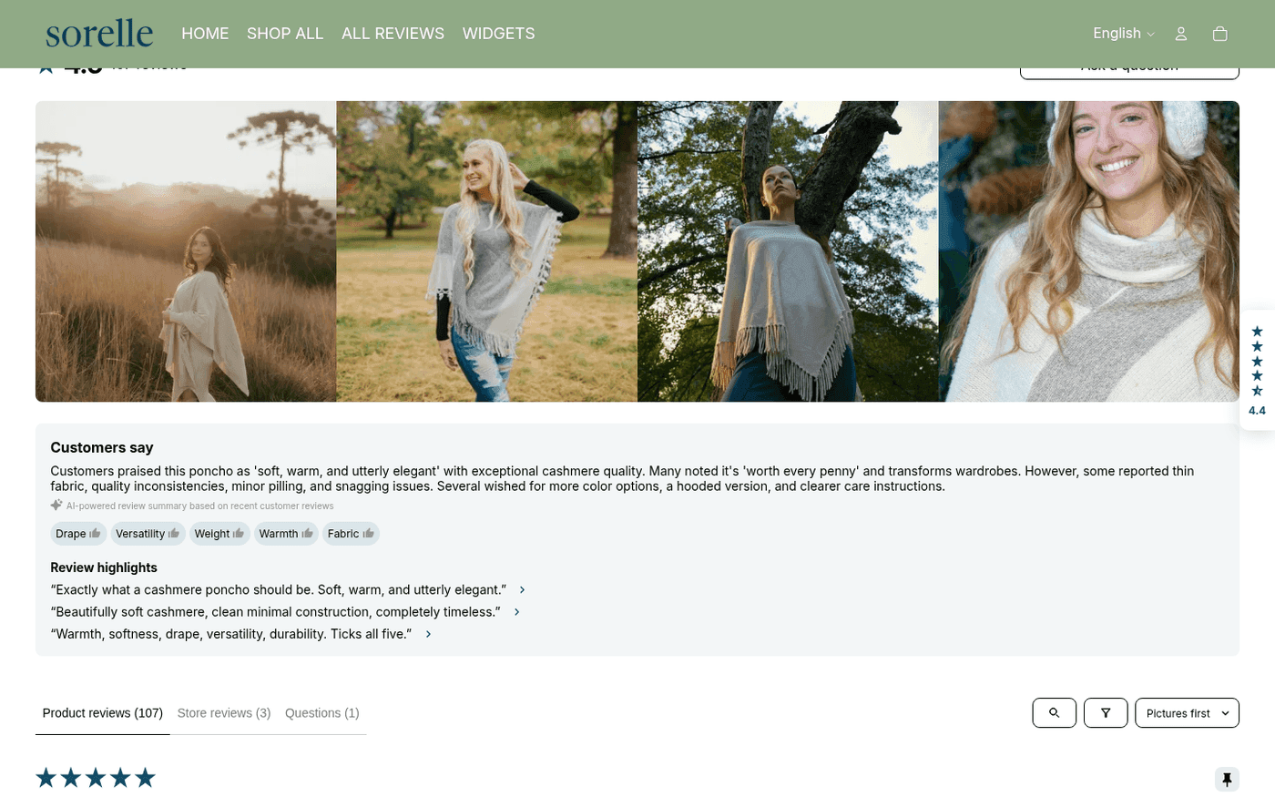 Real Shopify product page screenshot showing a 4.5 star rating with 107 reviews under the product title and a highlighted customer review quote