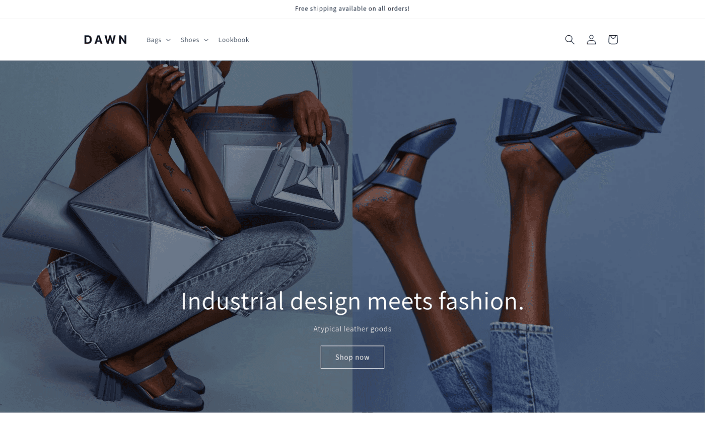 Real screenshot of the Dawn theme demo store homepage with a full-width lifestyle hero image and a single Shop now button