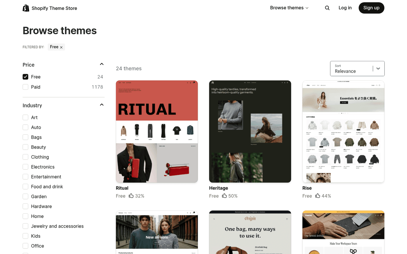 Real screenshot of the Shopify Theme Store filtered to free themes, showing Ritual, Heritage and Rise theme cards