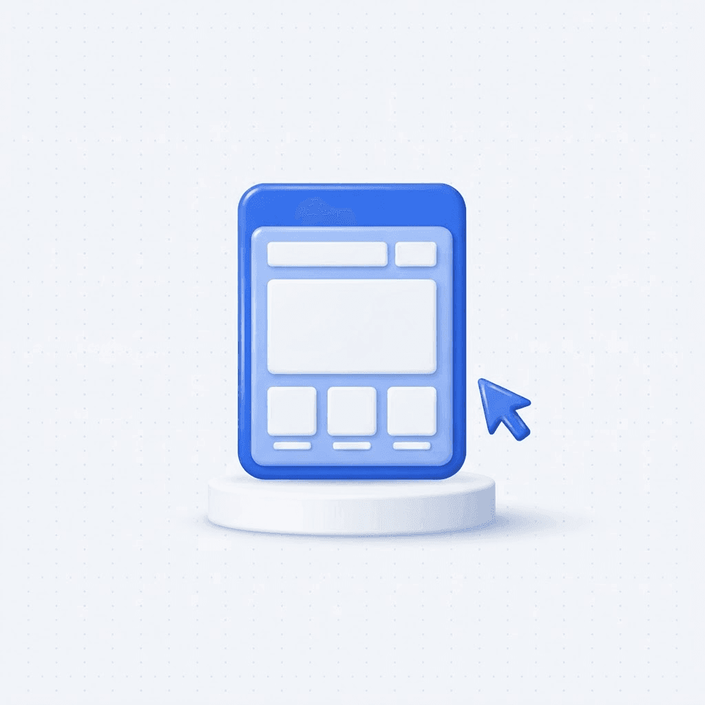 3D illustration of a blue browser window card with abstract layout blocks and a floating cursor