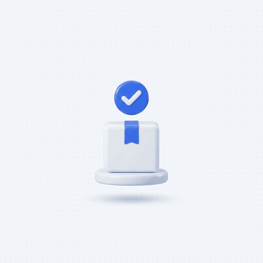 3D illustration of a white shipping box with blue tape and a floating blue checkmark badge