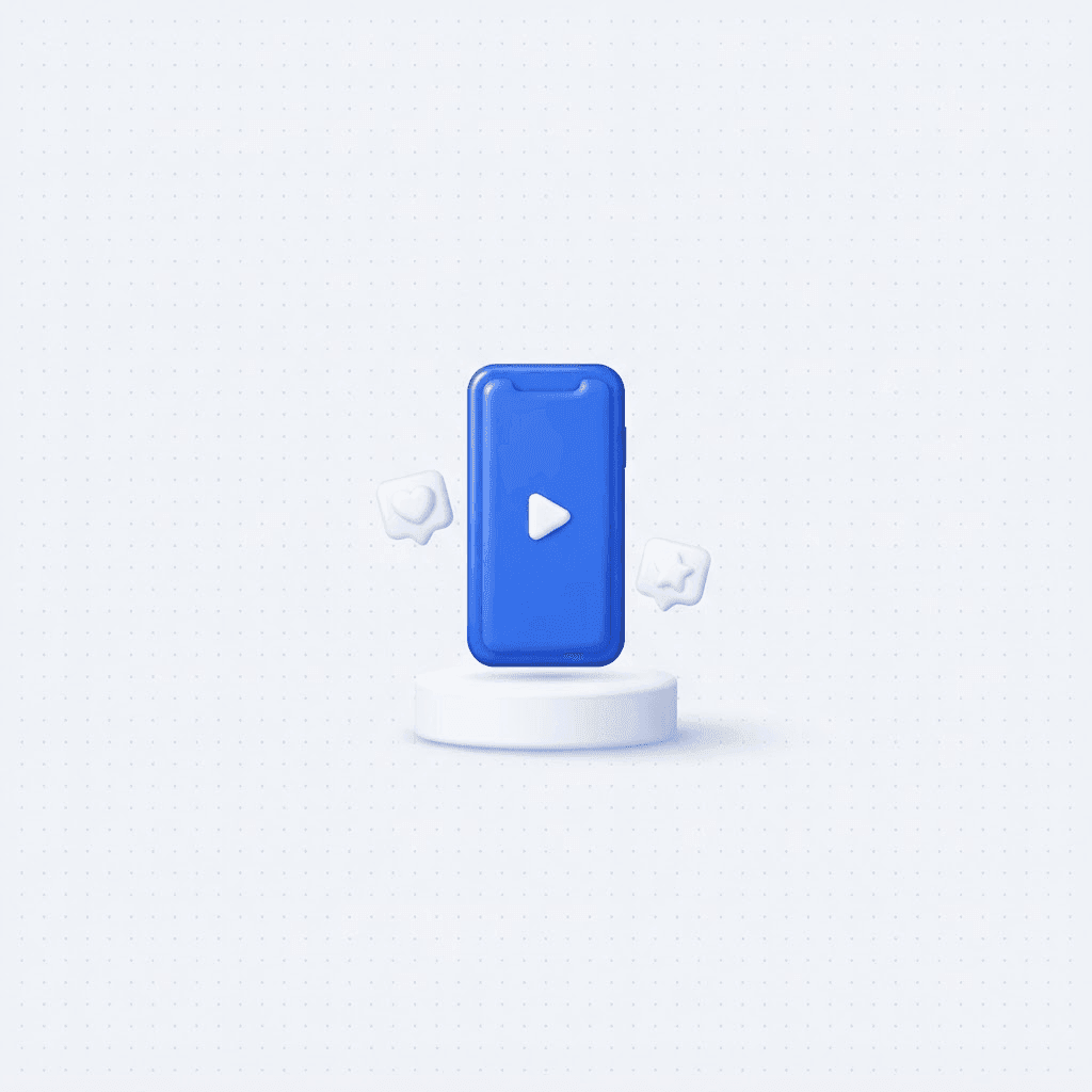 3D illustration of a blue smartphone with a play button surrounded by floating reaction bubbles