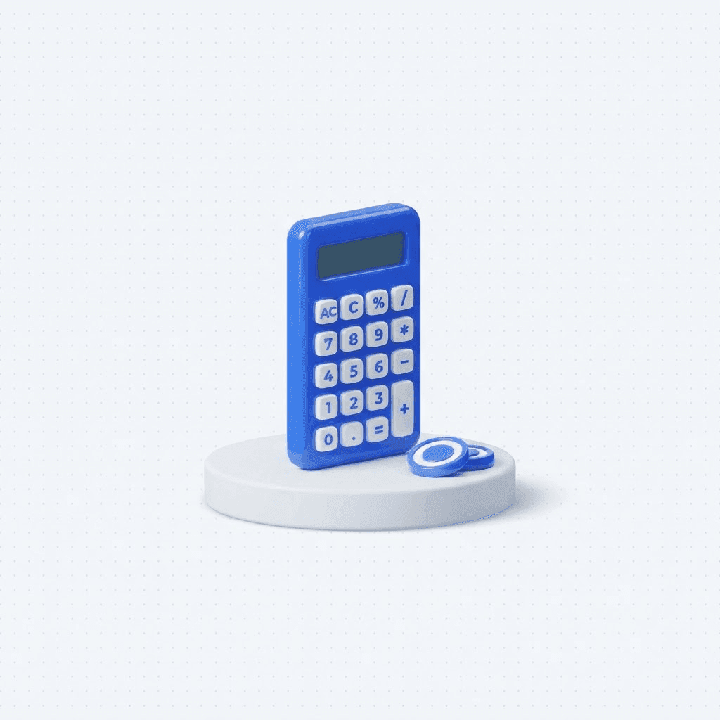 3D illustration of a blue calculator floating next to a stack of coins with a curved line behind them